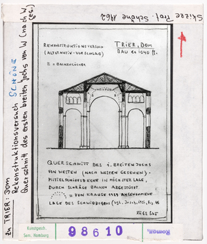 Vorschaubild Trier, Dom:  Rekonstruktionsversuch Querschnitt des ersten breiten Jochs von Westen. Wolfgang Schöne 1962 